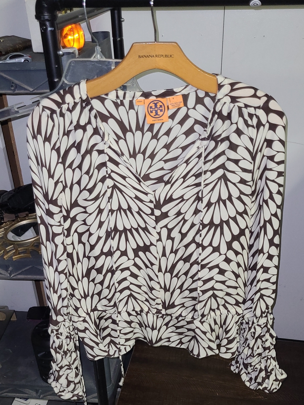 Tory Burch Silk Brown & Cream Floral Petal Print Blouse